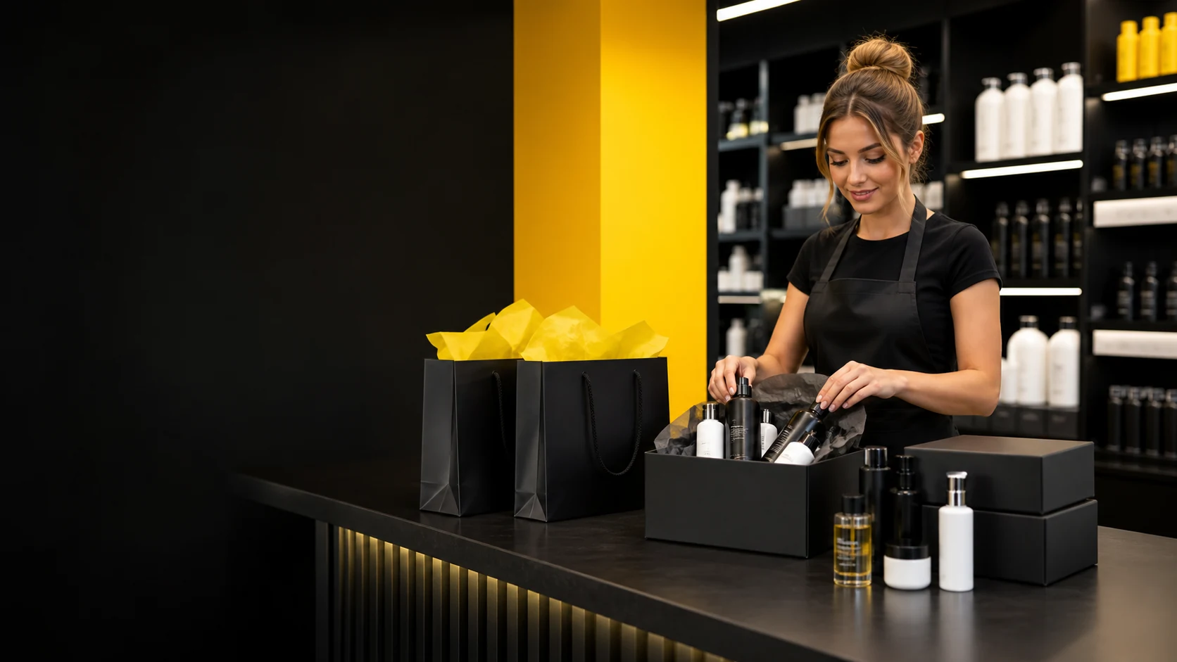 A professional hair and beauty order prepared at a collection counter