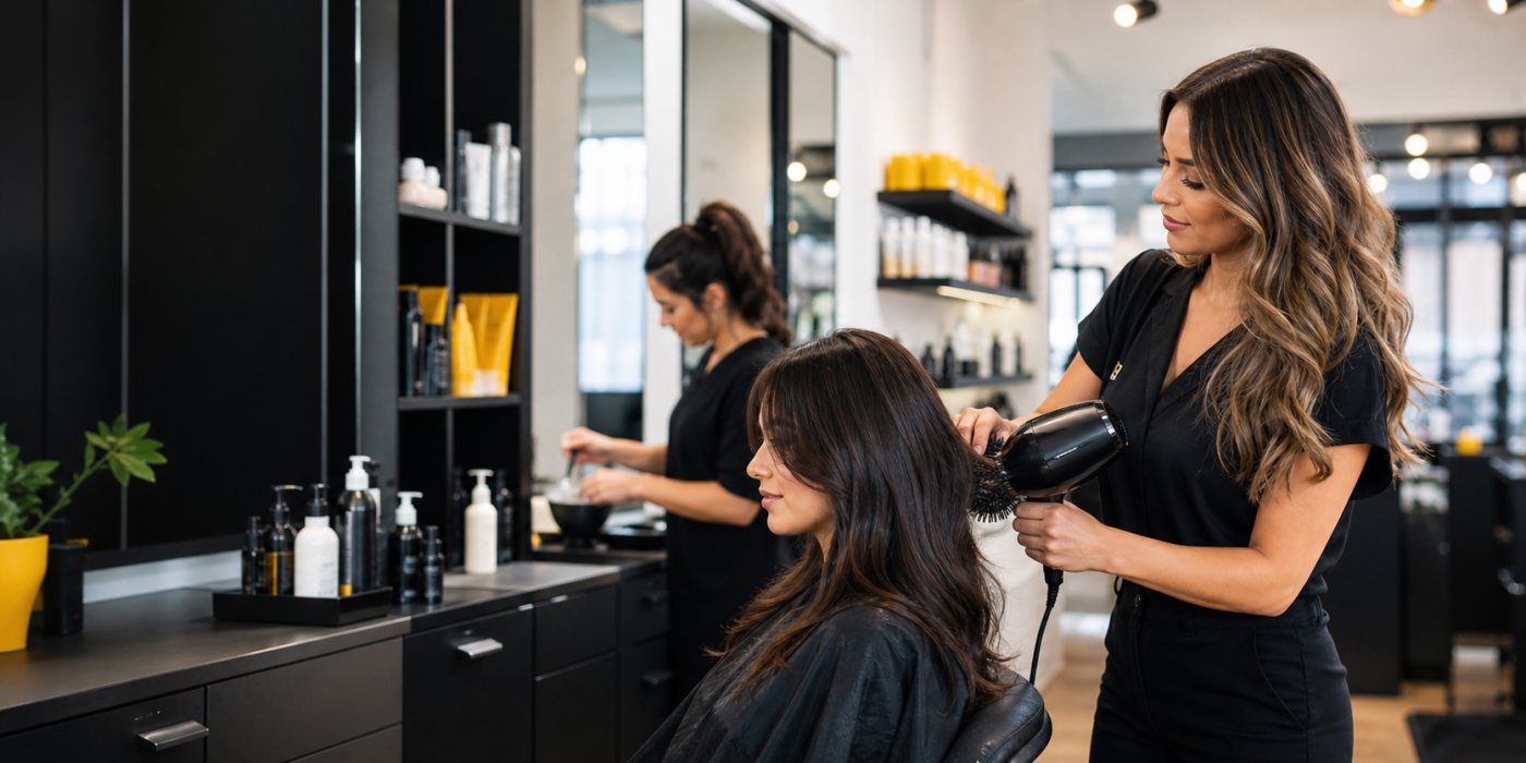 Professional stylist blow-drying a client's hair in a modern salon