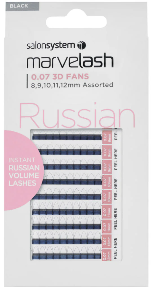 SALON SYSTEM MARVELASH RUSSIAN 0.07 3D FANS LASHES - ASSORTED 8,9,10,11,12mm -  Black